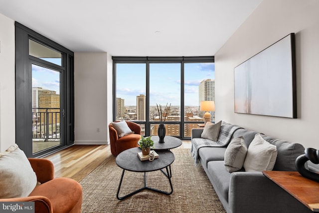 living room featuring floor to ceiling windows, light hardwood / wood-style flooring, and plenty of natural light