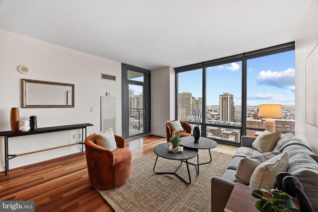 living room featuring expansive windows and wood-type flooring