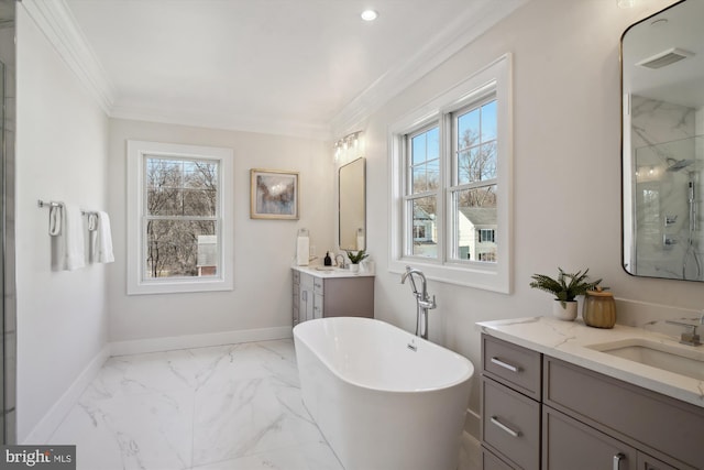 bathroom with ornamental molding, plenty of natural light, vanity, and plus walk in shower