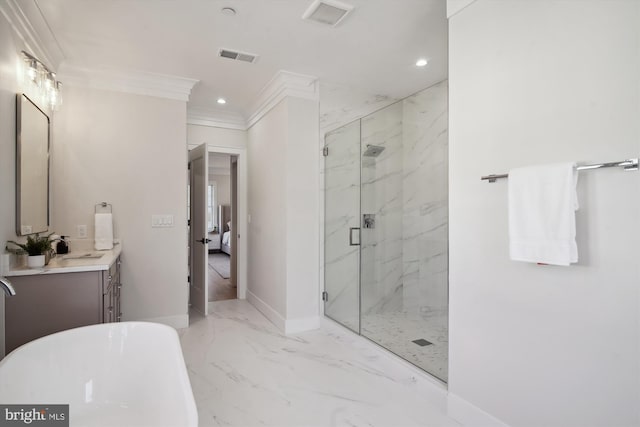 bathroom with vanity, crown molding, and independent shower and bath