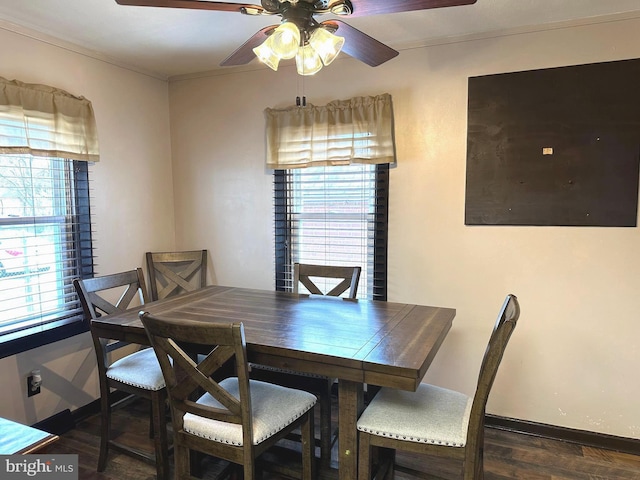 dining space featuring ceiling fan, a wealth of natural light, crown molding, and dark hardwood / wood-style flooring