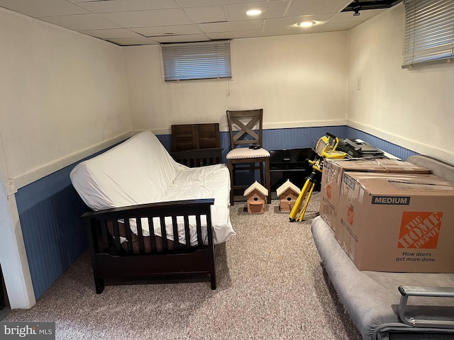 interior space featuring carpet flooring and a drop ceiling