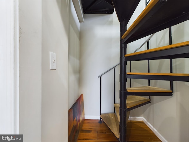 staircase with hardwood / wood-style floors