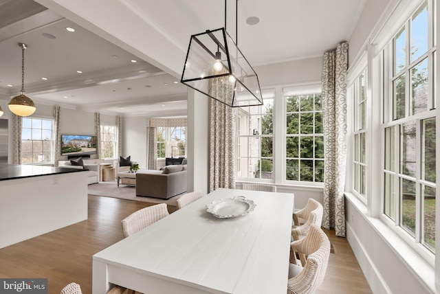 dining space with a wealth of natural light, crown molding, wood finished floors, and recessed lighting