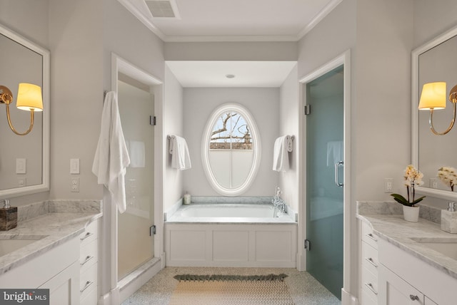 bathroom with two vanities, visible vents, crown molding, and a shower stall