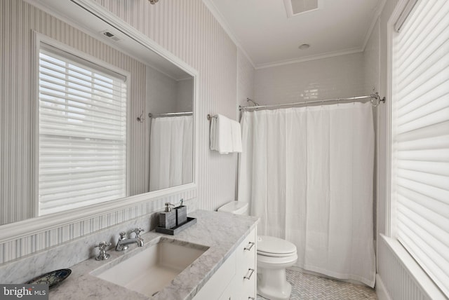 full bath with toilet, vanity, visible vents, a shower with curtain, and radiator heating unit