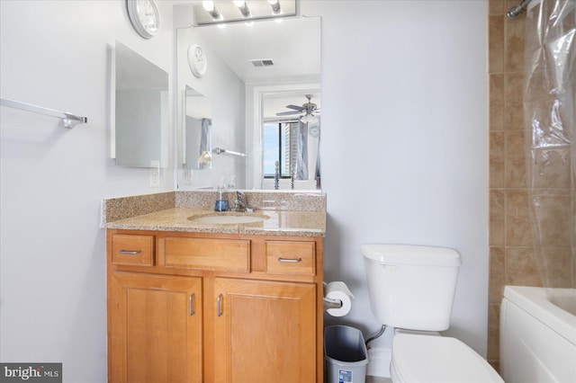 full bath featuring shower / bath combination, visible vents, toilet, ceiling fan, and vanity