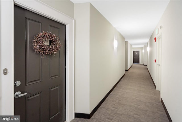 hallway with carpet floors and baseboards