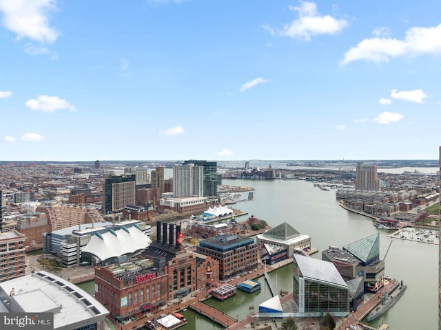 drone / aerial view with a water view and a view of city