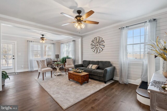 living area featuring ceiling fan, baseboards, dark wood-style flooring, and crown molding