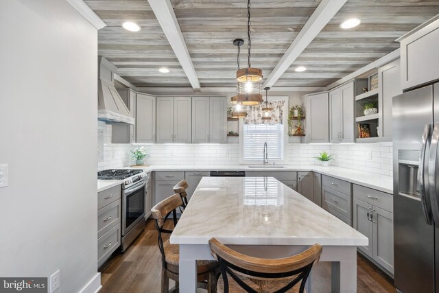 kitchen with appliances with stainless steel finishes, a sink, gray cabinetry, and open shelves