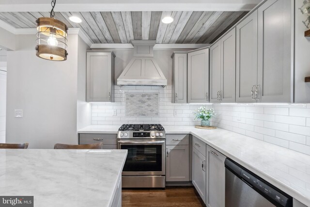 kitchen with appliances with stainless steel finishes, dark wood-style flooring, custom exhaust hood, gray cabinets, and backsplash