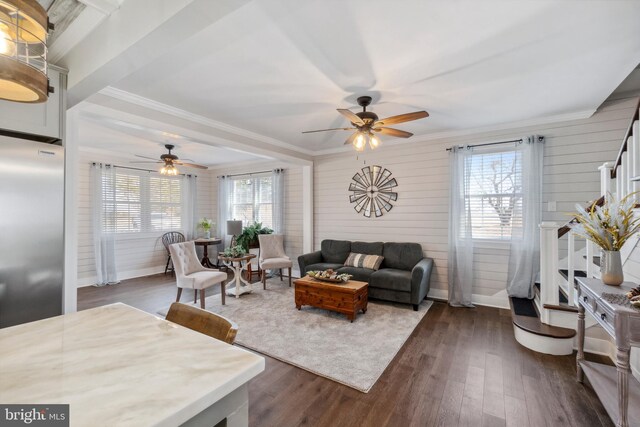 living area with ceiling fan, ornamental molding, and dark wood-type flooring