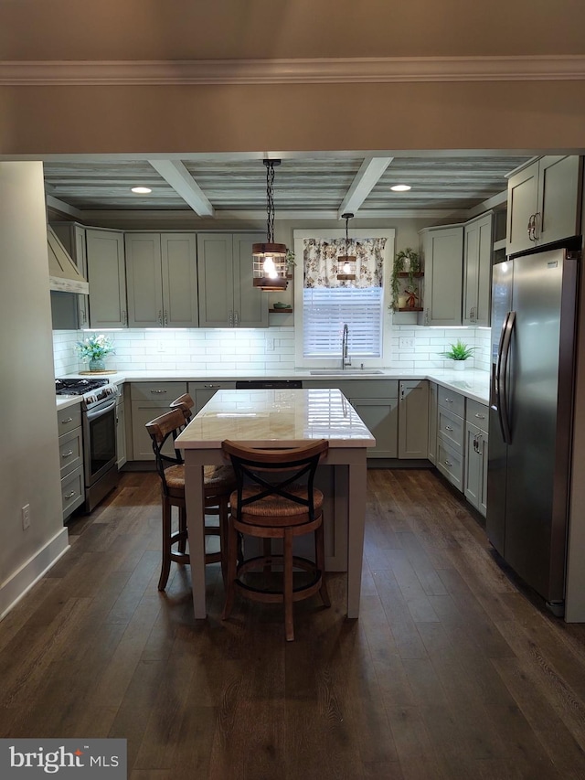 kitchen featuring stainless steel appliances, open shelves, a sink, and dark wood finished floors