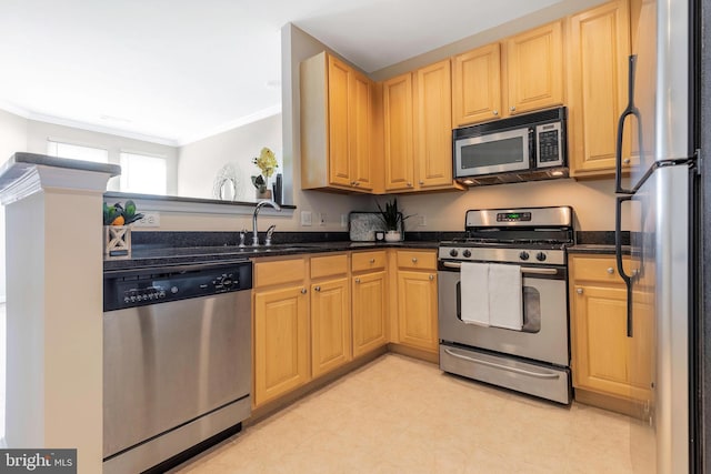 kitchen featuring sink, ornamental molding, dark stone counters, and appliances with stainless steel finishes