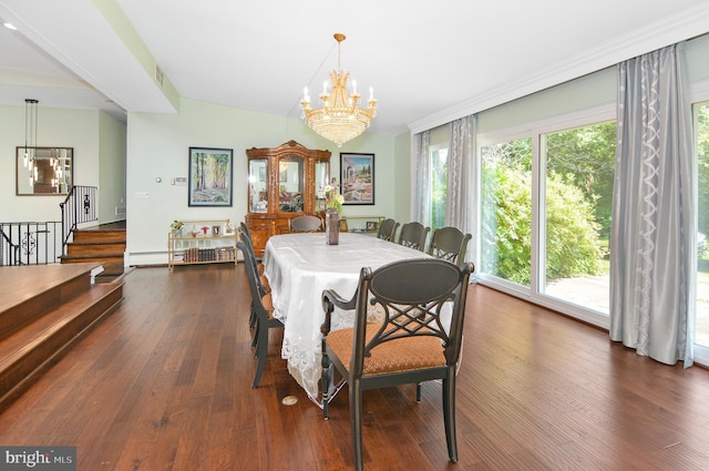 dining area featuring dark wood-type flooring, a notable chandelier, and stairs