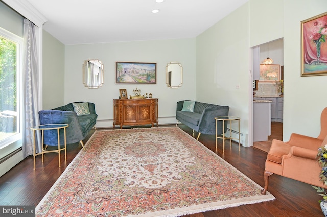 living area with a baseboard radiator and dark wood finished floors