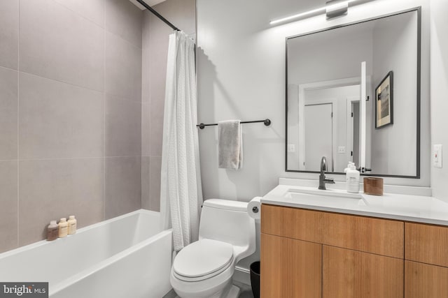 full bathroom with vanity, toilet, and shower / bathtub combination with curtain