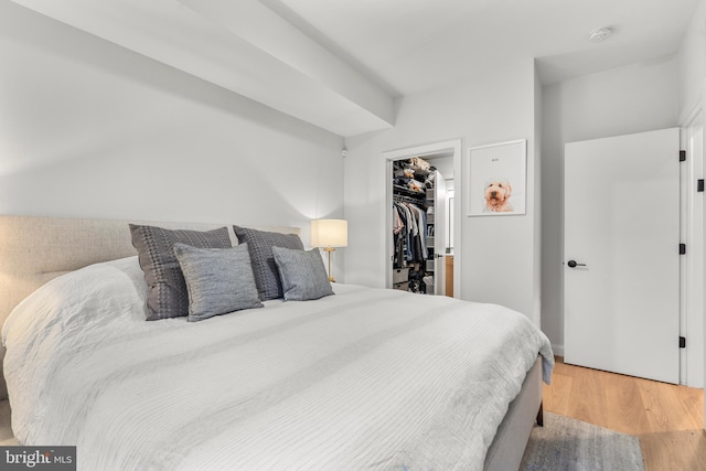 bedroom with a walk in closet, wood-type flooring, and a closet