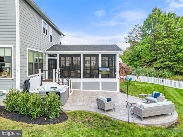 back of property featuring a patio, a playground, a sunroom, and a lawn