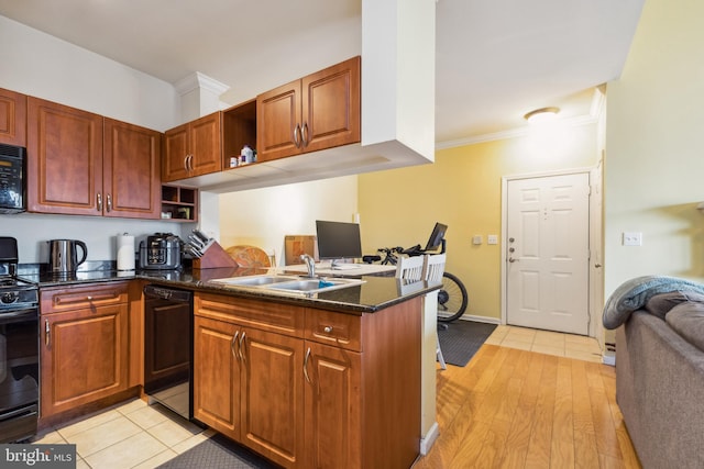 kitchen featuring a peninsula, a sink, black appliances, open shelves, and crown molding