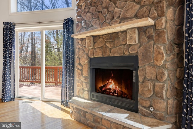 details featuring a stone fireplace and wood finished floors