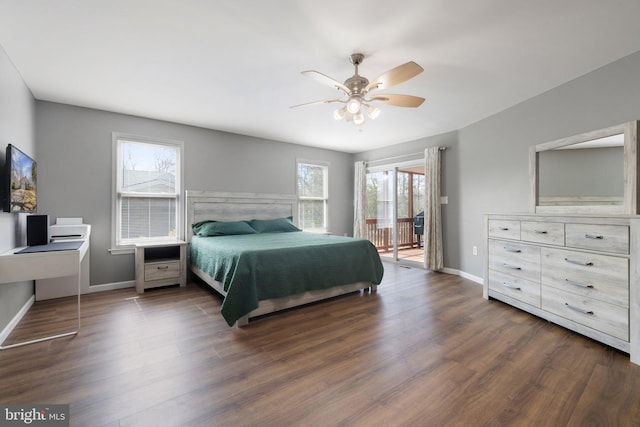 bedroom featuring ceiling fan, baseboards, dark wood finished floors, and access to outside