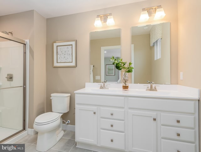 bathroom with vanity, toilet, an enclosed shower, and tile patterned flooring