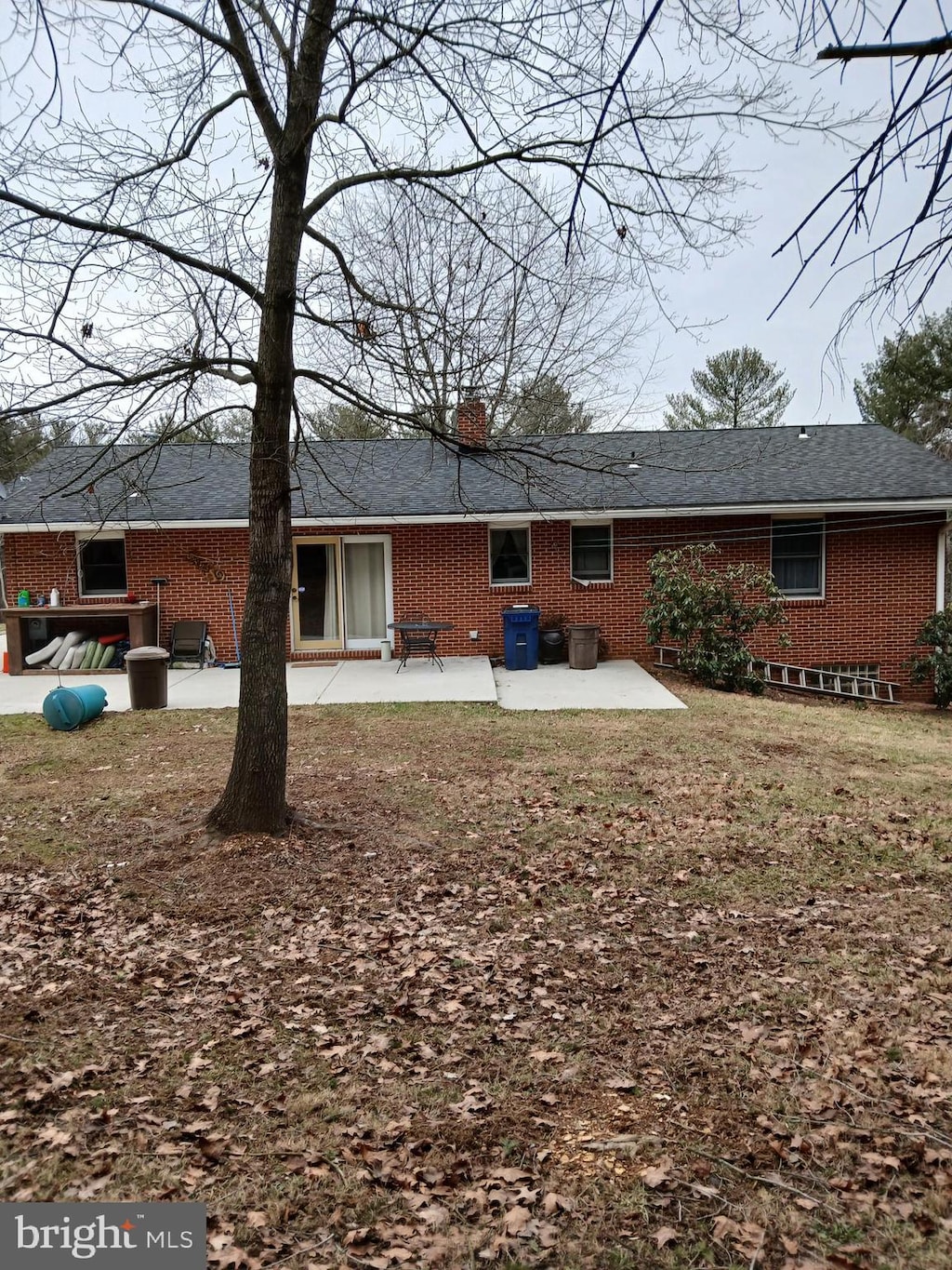 rear view of property with a patio area, brick siding, and a chimney