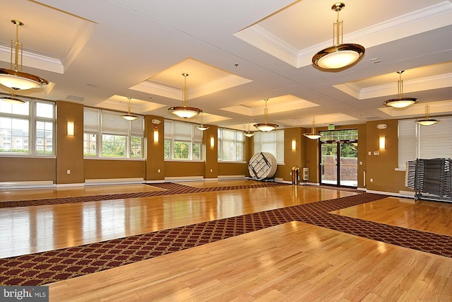 workout area with hardwood / wood-style flooring, crown molding, baseboard heating, and a tray ceiling