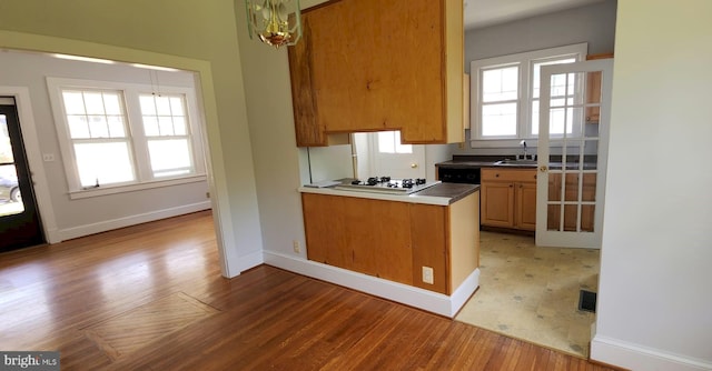 kitchen featuring sink, white gas stovetop, and light wood-type flooring