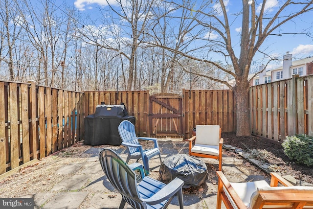 view of patio / terrace with a fenced backyard, a gate, and a grill