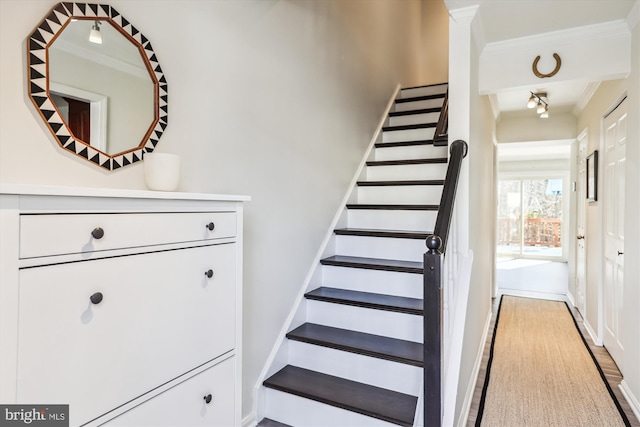 stairway featuring ornamental molding and wood finished floors