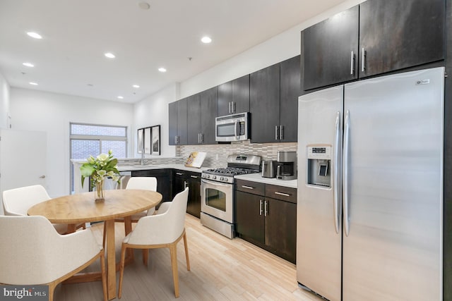 kitchen with stainless steel appliances, sink, light hardwood / wood-style flooring, and backsplash