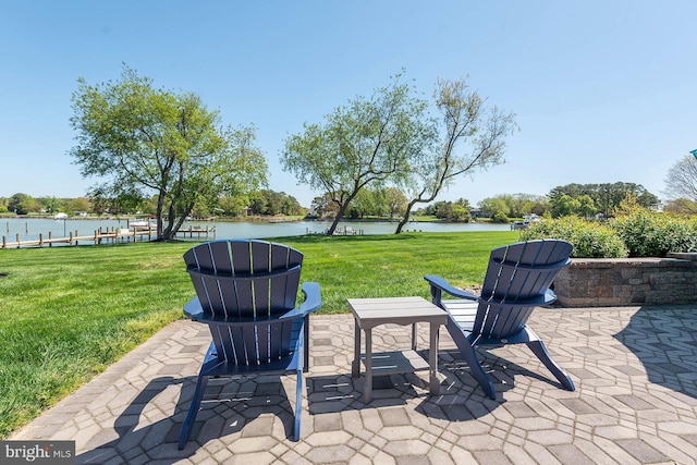 view of patio featuring a water view