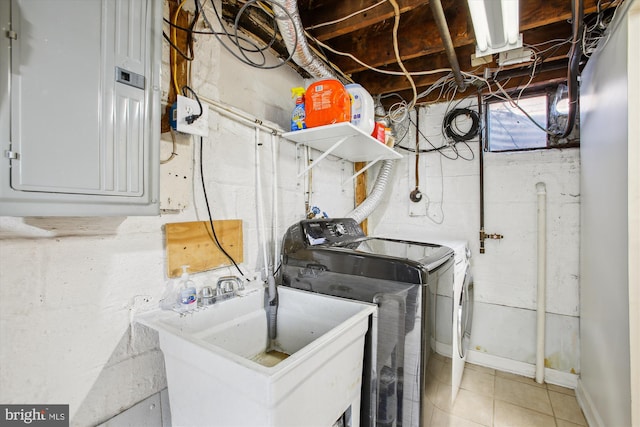 laundry room featuring electric panel, sink, and washing machine and dryer