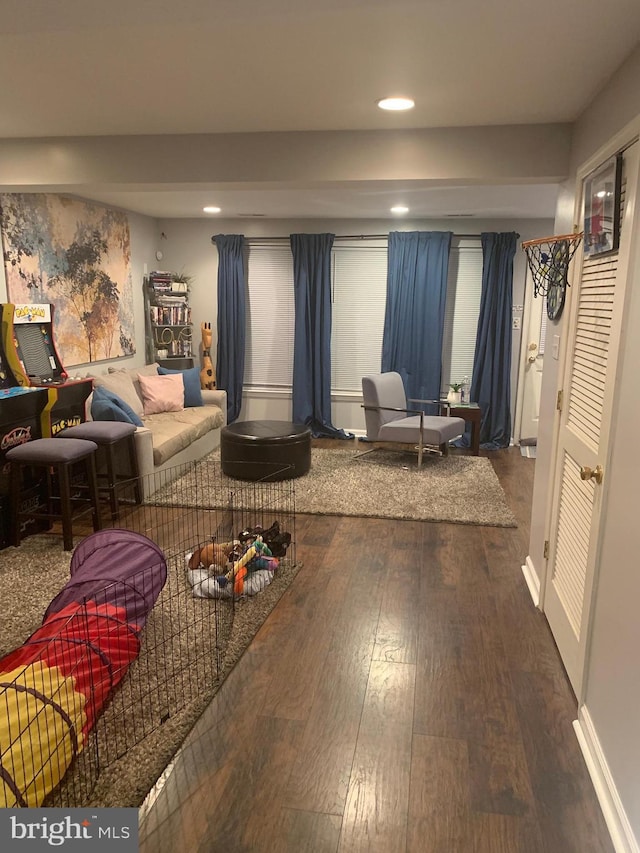 living room with dark hardwood / wood-style flooring