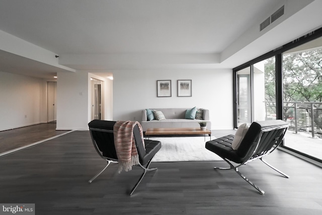 living room with dark hardwood / wood-style floors