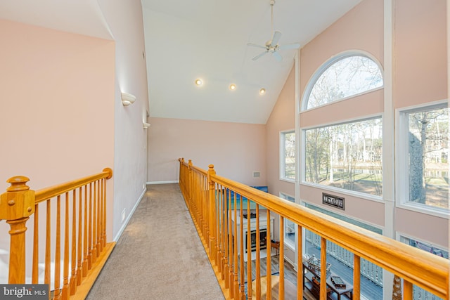 hallway featuring high vaulted ceiling and light carpet