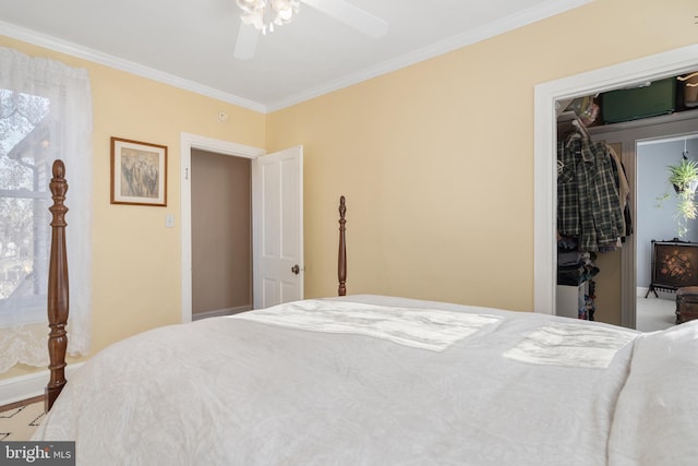 bedroom featuring ornamental molding and a ceiling fan