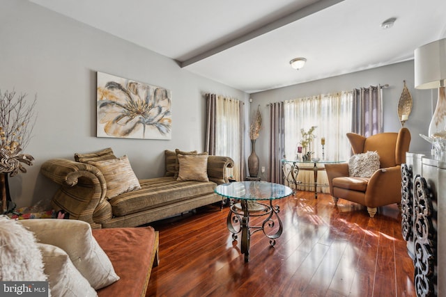 living room featuring dark hardwood / wood-style flooring and beam ceiling