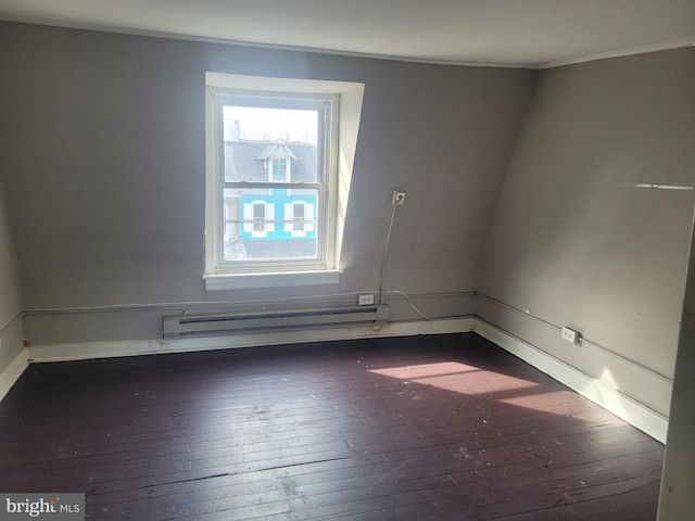 empty room with dark wood-type flooring and a baseboard radiator