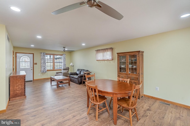 dining space featuring recessed lighting, visible vents, light wood-style floors, and a ceiling fan