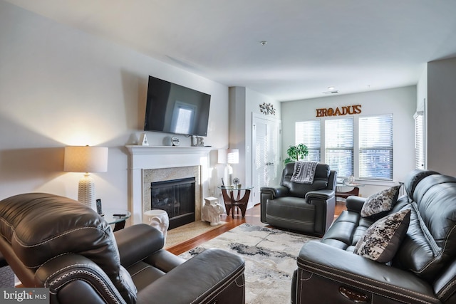 living room with a premium fireplace and light hardwood / wood-style flooring