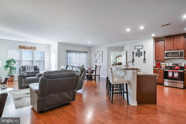 living room with wood-type flooring and sink