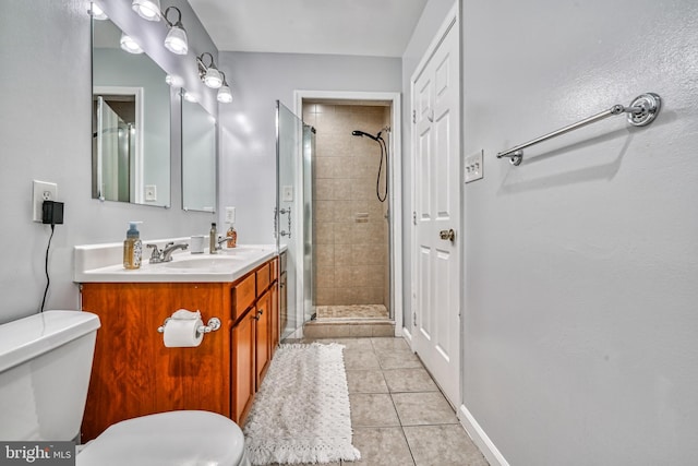 bathroom with tile patterned flooring, vanity, toilet, and walk in shower