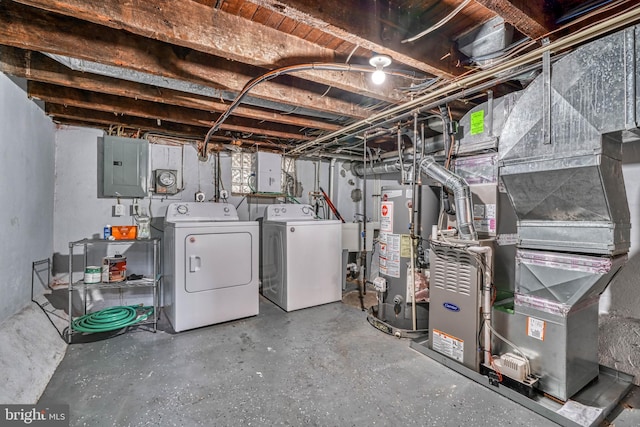 basement with independent washer and dryer, electric panel, heating unit, and gas water heater