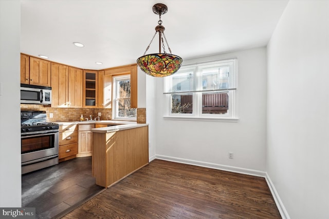 kitchen featuring pendant lighting, dark wood-type flooring, a healthy amount of sunlight, and appliances with stainless steel finishes