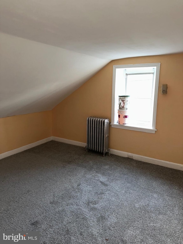 additional living space with lofted ceiling, carpet floors, and radiator heating unit