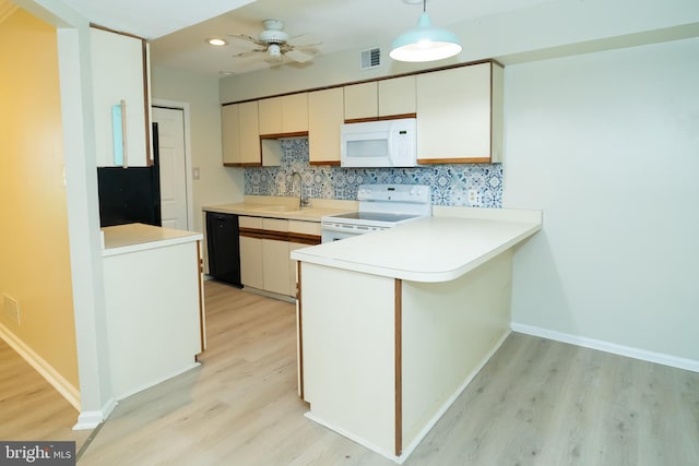 kitchen with sink, white appliances, backsplash, decorative light fixtures, and kitchen peninsula